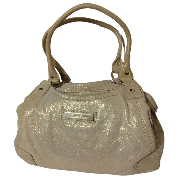 CK Metallic Cream Gold Specks Suede Calvin Klein Shoulder Bag Top Double Handle - Picture 1 of 11